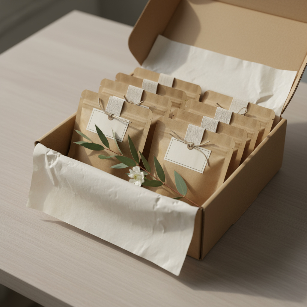 Caja de suscripción de té con bolsitas de papel kraft