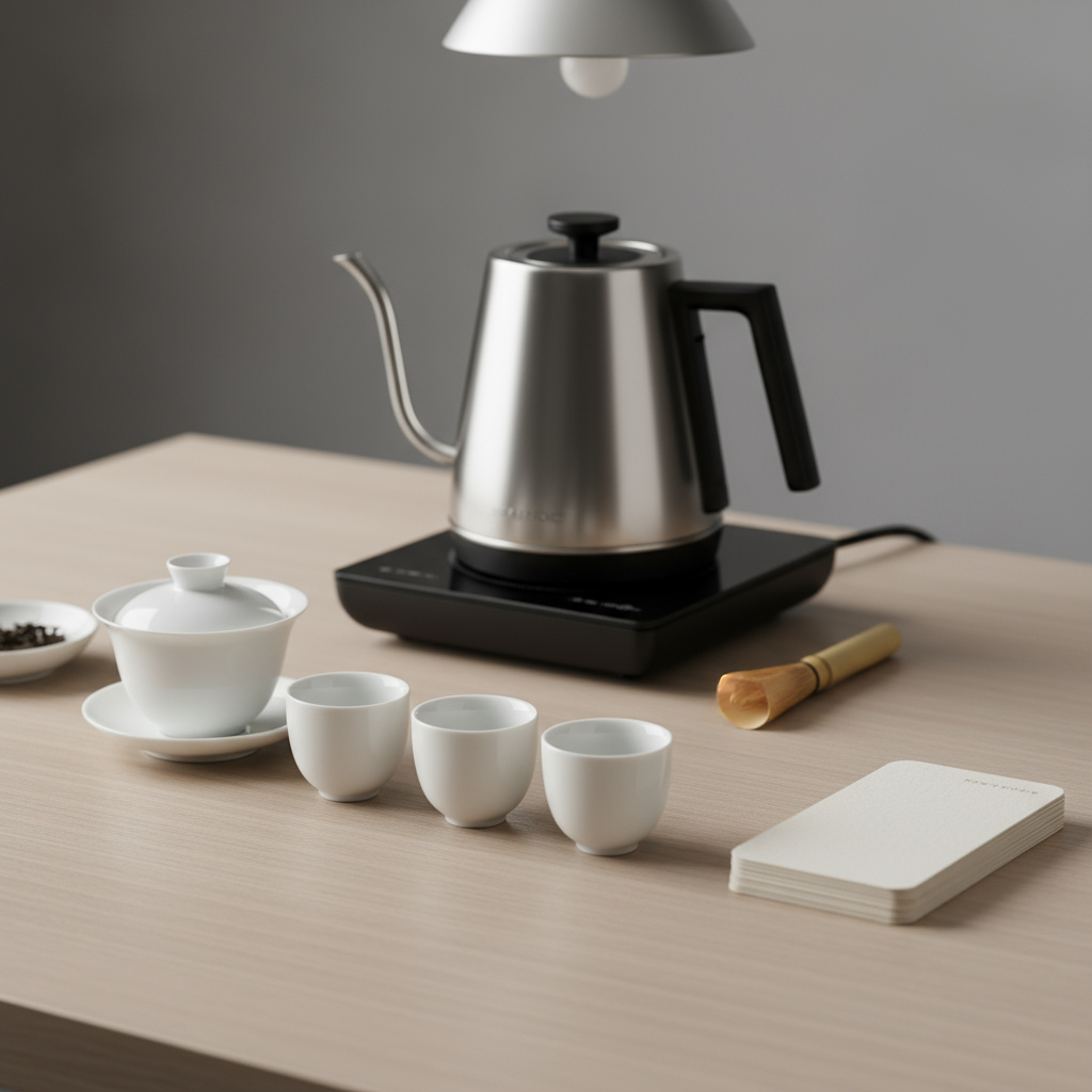 Montaje de taller de cata de té con utensilios y fichas